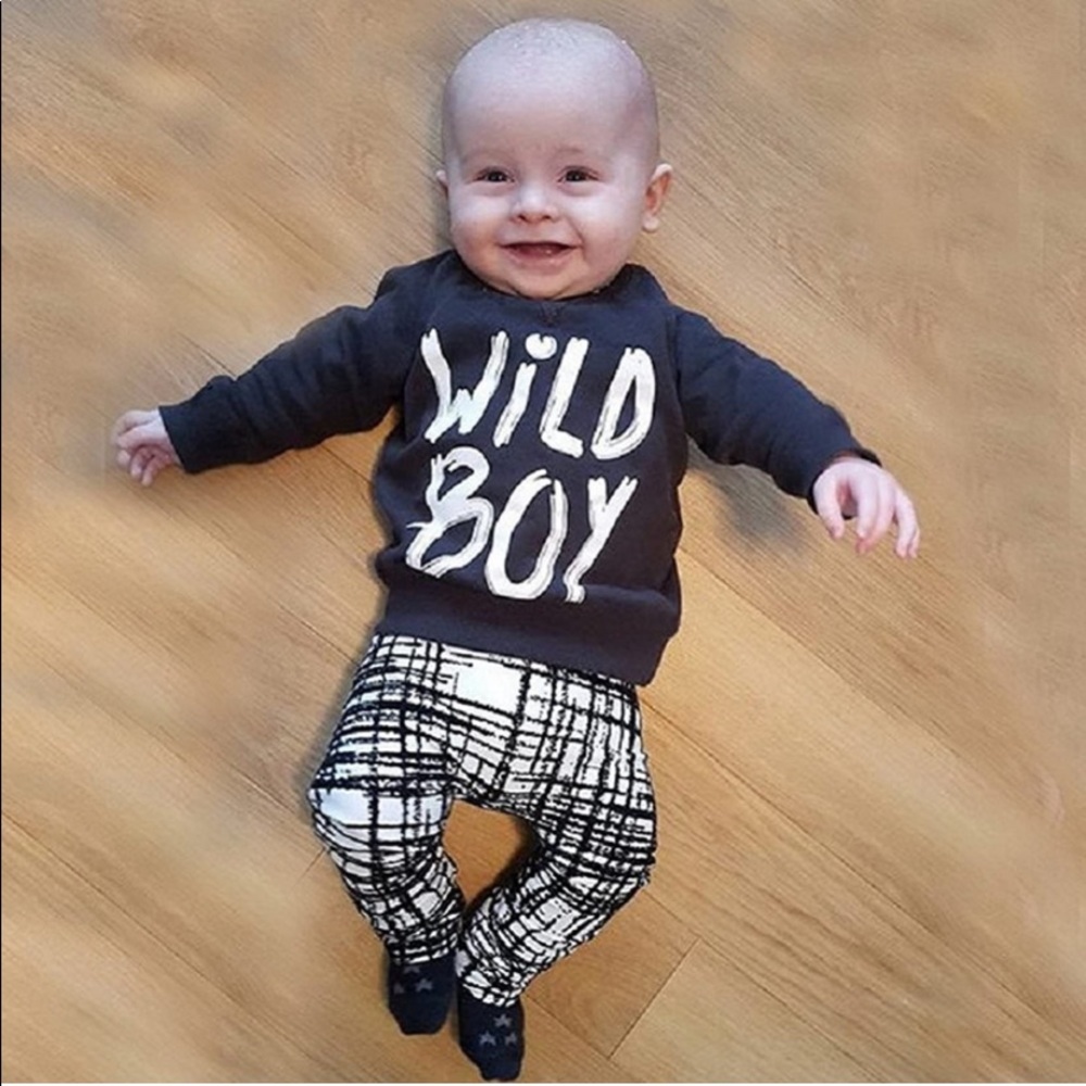 Toddlers Boys Set Long Sleeve Wild Boy T-Shirt Tops Pants Outfit Winter Spring - Picture 3 of 4